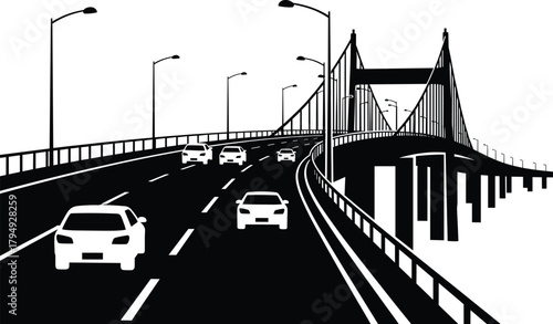 Black and white illustration of cars on a suspension bridge, bridge, suspension bridge, cars, traffic, road, highway, transportation, travel, commute, city, urban, infrastructure, architecture, black 