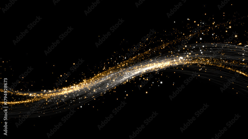 Obraz premium Golden and White Particle Trail Over Deep Black Background in Modern Style