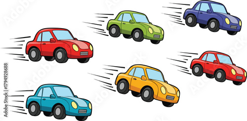 Collection of Pixelated Cars in Vibrant Colors Racing Forward on White Background