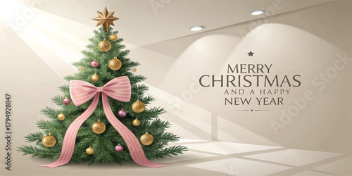 Festive Christmas card illustration featuring a decorated tree with pink ribbon, golden ornaments, gift box, soft shadows, and elegant “Merry Christmas and a Happy New Year” text on a warm background.