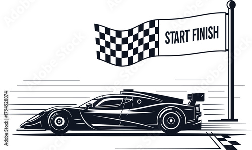 Black and white racing car at start finish line sports car, racing car, sports car, race, speed, motion, checkered flag, start finish line, competition, motorsport, track, automotive, vehicle, transpo