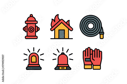A cartoon style depiction of fire safety elements including a hydrant house hose and other equipment vector, illustration, artwork