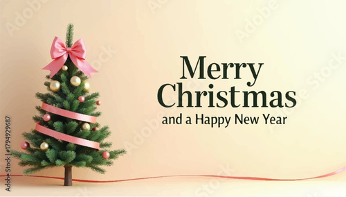 Elegant Christmas greeting card with a decorated Christmas tree, golden ornaments, star topper, pink ribbon, and soft shadows. Minimalist festive background with “Merry Christmas and Happy New Year” 