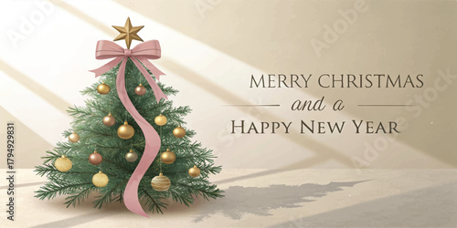 Festive Christmas card illustration featuring a decorated tree with pink ribbon, golden ornaments, gift box, soft shadows, and elegant “Merry Christmas and a Happy New Year” text on a warm background.