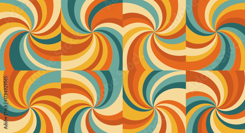 Abstract retro pattern featuring swirling lines in orange, blue, yellow, and beige, arranged in a tiled grid.