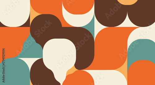 Abstract retro pattern featuring rounded shapes in orange, brown, beige, and teal forming a geometric design.