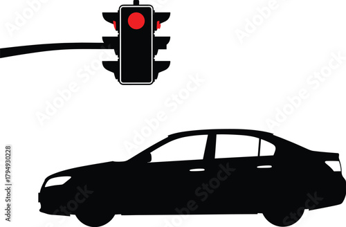 Black car silhouette under red traffic light red light, traffic light, red light, stop, car, automobile, vehicle, silhouette, black, white background, transportation, road, intersection, waiting, sign
