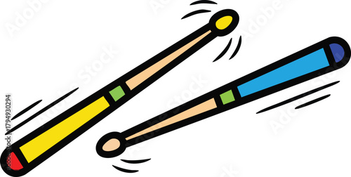 Pair Of Drumsticks In Motion With Colorful Handles Isolated On White