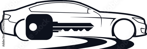 Black car silhouette with key integrated into wheel, car, key, automobile, vehicle, wheel, transportation, automotive, lock, unlock, access, security, ignition, driving, journey, road, symbol, icon, g