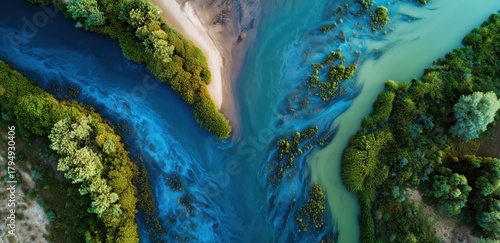River Meeting: Aerial view showcases a mesmerizing confluence where two rivers converge, their waters of diverse hues merging in a stunning natural ballet.