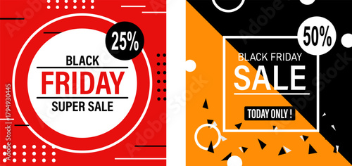 Geometric Black Friday Banners High Contrast Sale Graphics with Percentage Discounts for Digital Retail Advertising and E commerce Promotions