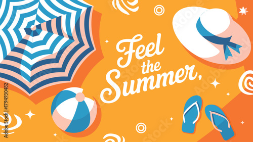 Beach umbrella beach ball straw hat and flip flops with summer text vacation holiday