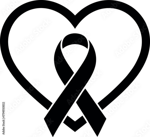 Black ribbon inside a heart outline on white background symbol awareness