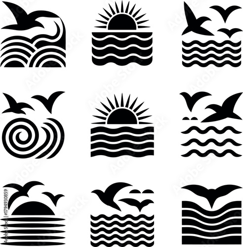 Black silhouette icons of birds and waves at sunset or sunrise ocean water