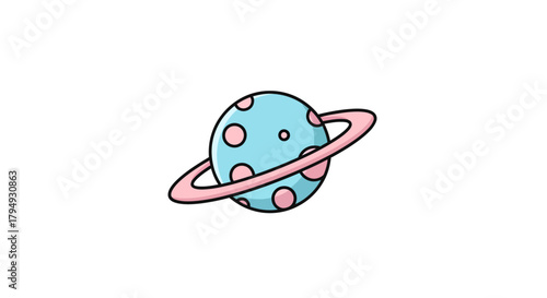 A cute cartoon planet with pink rings and polka dots against a white background.