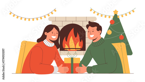 Cozy Christmas Scene: A warmly lit Christmas scene featuring a couple exchanging a gift, with a decorated Christmas tree and fireplace in the background, exuding festive cheer and holiday spirit. 