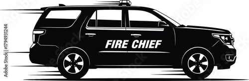 Black fire chief S U V vehicle with motion lines emergency, suv, vehicle, car, fire chief, emergency, transport, transportation, service, official, black and white, silhouette, graphic, illustration, 