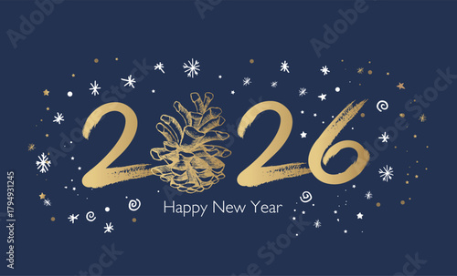 Happy New Year 2026 Greeting Card with Golden Brush Strokes	
