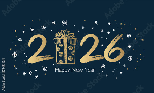 Happy New Year 2026 Greeting Card with Golden Brush Strokes