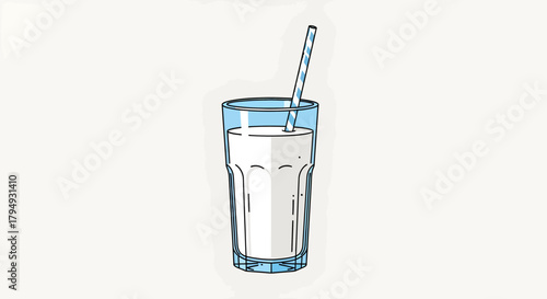 A refreshing glass of milk, with a striped straw, ready to be enjoyed.