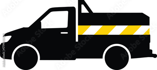 Black pickup truck with yellow and white hazard stripes, truck, pickup truck, vehicle, transportation, black, yellow, white, stripes, hazard, safety, service vehicle, utility vehicle, work vehicle, gr