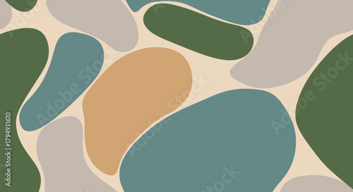 Abstract pattern with organic shapes in various muted colors and textures.