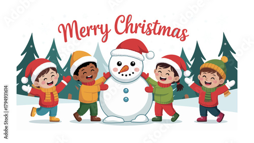Christmas Cheer: Joyful children gather around a cheerful snowman, spreading holiday spirit and celebrating the season of giving.