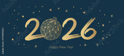 Happy New Year 2026 Greeting Card with Golden Brush Strokes	
