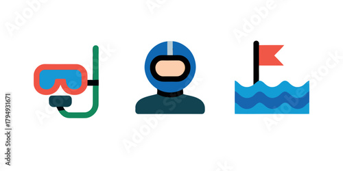 Icons depicting snorkeling mask diver and flag in water against a white/PNG background in flat style illustration, artwork, vector