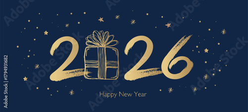 Happy New Year 2026 Greeting Card with Golden Brush Strokes	
