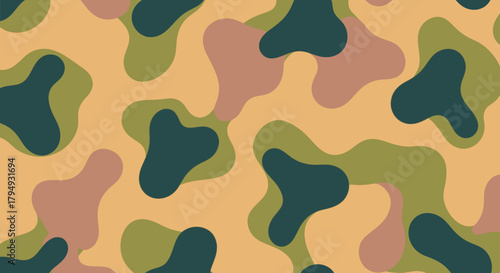 Abstract camouflage pattern with organic shapes in shades of brown, green, and beige.