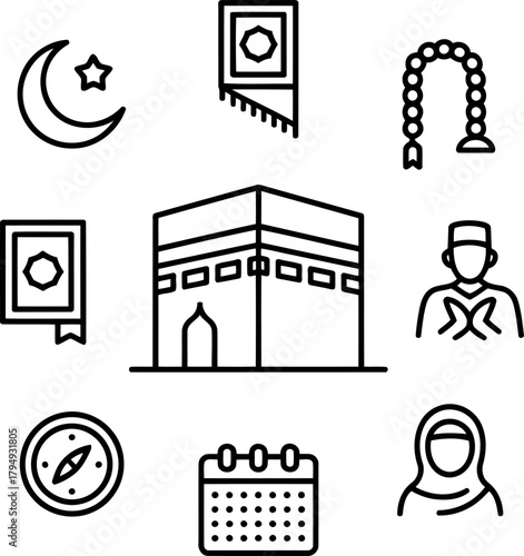 Islamic symbols crescent star Kaaba prayer mat rosary compass calendar muslim