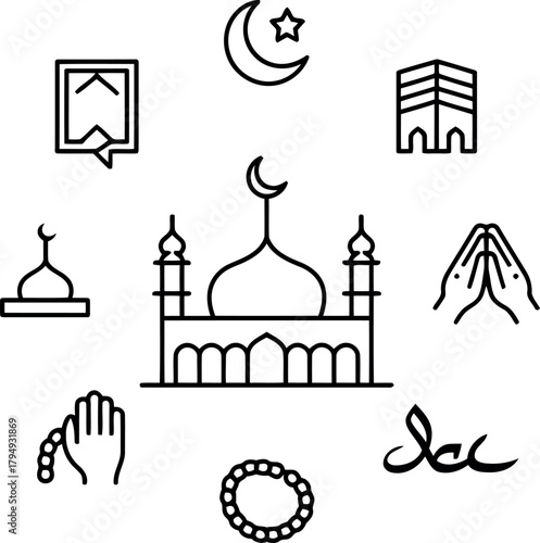 Islamic symbols mosque crescent star Kaaba prayer hands rosary crescent moon