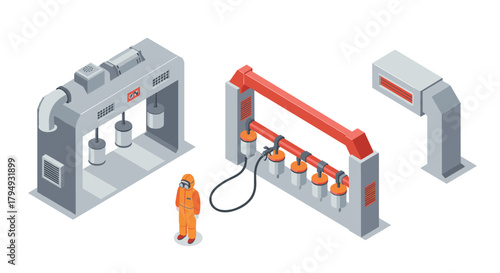 Isometric industrial painting process with worker and machinery
