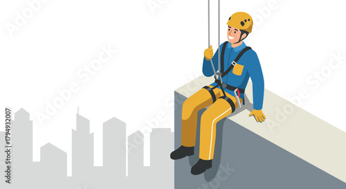 Urban worker abseiling from building edge in safety gear with city skyline