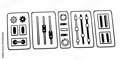 Illustration of a mixing console with knobs faders and switches in a black and white doodle style design on transparent background