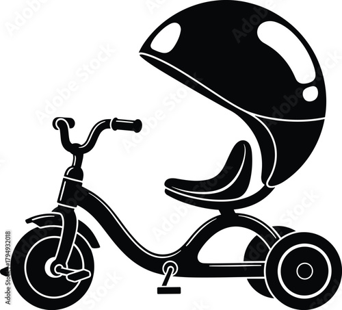 Black silhouette of a childs tricycle with a sun canopy, tricycle, child, kid, baby, toddler, toy, vehicle, transportation, three wheels, pedal, handlebar, seat, sun canopy, shade, protection, outdoor