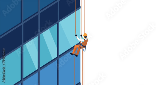 Window cleaner suspended outside skyscraper in safety gear