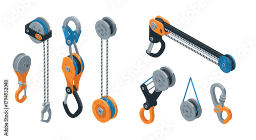 Isometric mechanical pulley systems with ropes and hooks in industrial design