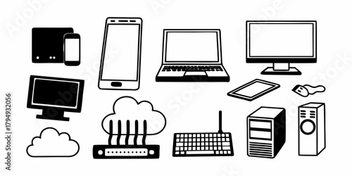 Illustration of various electronic devices including a smartphone laptop computer and cloud computing icons on transparent background