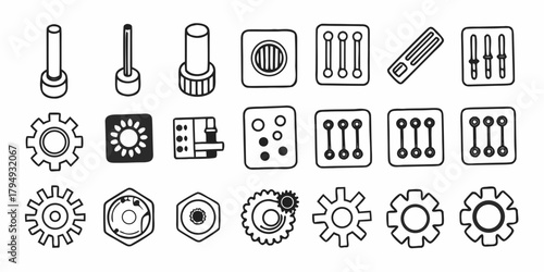 Collection of various mechanical parts and control elements in black and white line art style drawing on transparent background