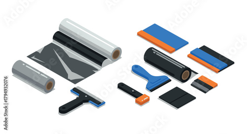 Isometric tools for window tinting rollers, squeegees, and vinyl wraps in modern design