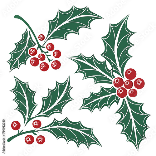 Holly berry icons set, Christmas logo with holly berries