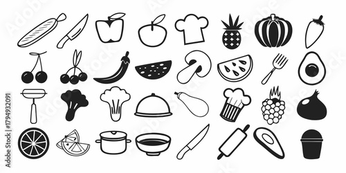 Collection of black and white food and kitchen related icons including fruits vegetables and cooking tools on transparent background