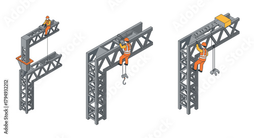 Construction worker on steel beam in isometric style with crane and safety gear