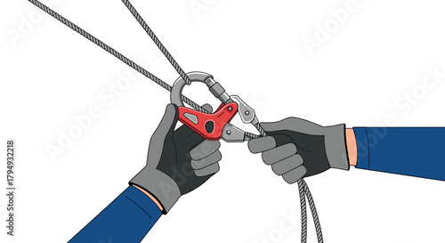 Climbing safety hands securing carabiner on rope in detailed illustration
