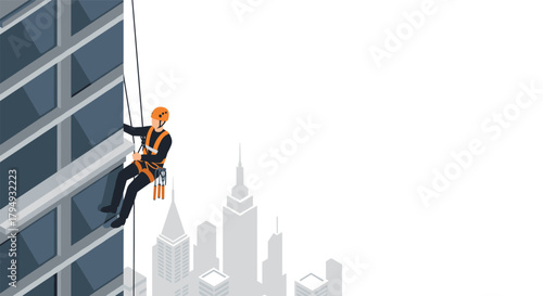 Urban window cleaner on skyscraper in cityscape with harness and helmet