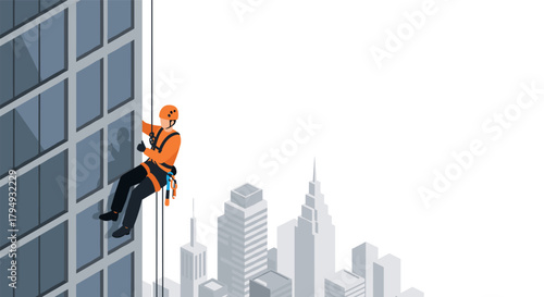 Urban climber scaling skyscraper in cityscape