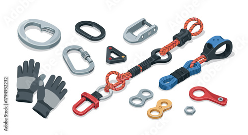 Essential rock climbing equipment set with belay, clip, and rope in isometric style