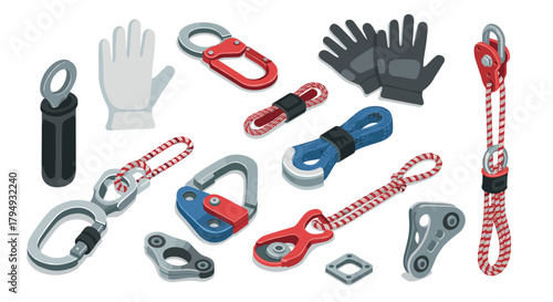 Climbing gear and equipment set featuring carabiners and ropes in detailed isometric style